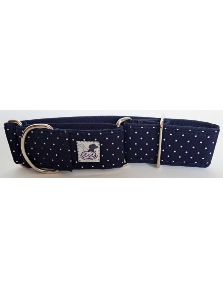 Collar whippet en tela loneta azul con lunares blancos