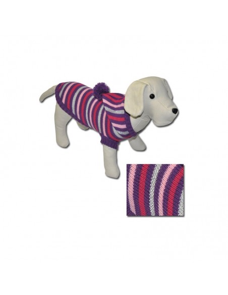 Jersey para perro punto con capucha y cuello rayas malva